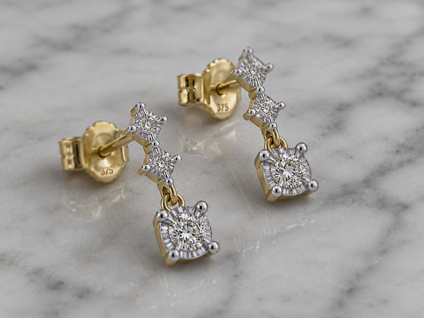 9ct Yellow Gold Diamond Trilogy Drop Earrings (0.20ct Total)