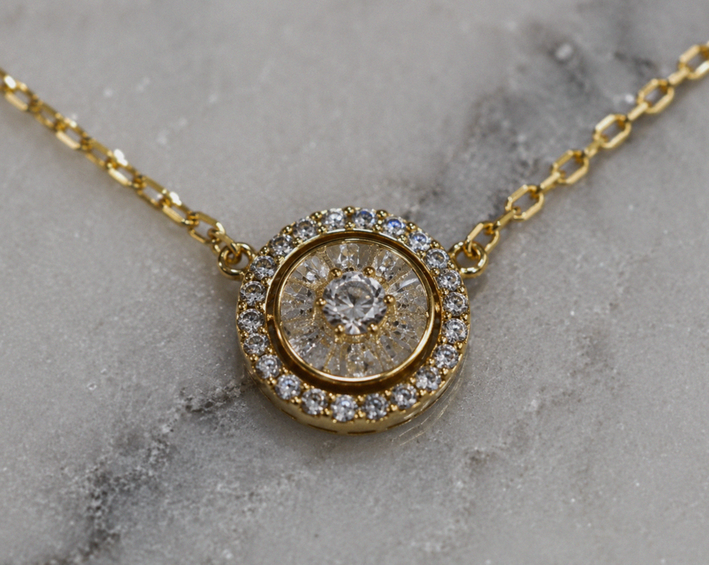 9ct Yellow Gold Cubic Zirconia Halo Pendant Necklace 16 Inch