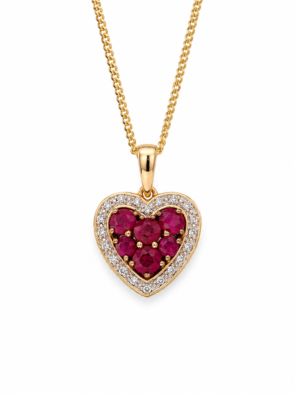 9ct Yellow Gold Ruby & Diamond Heart Pendant with Chain