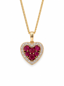 9ct Yellow Gold Ruby & Diamond Heart Pendant with Chain
