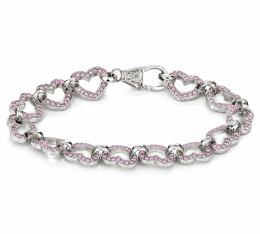 Sterling Silver Pink Cubic Zirconia Heart Link Bracelet