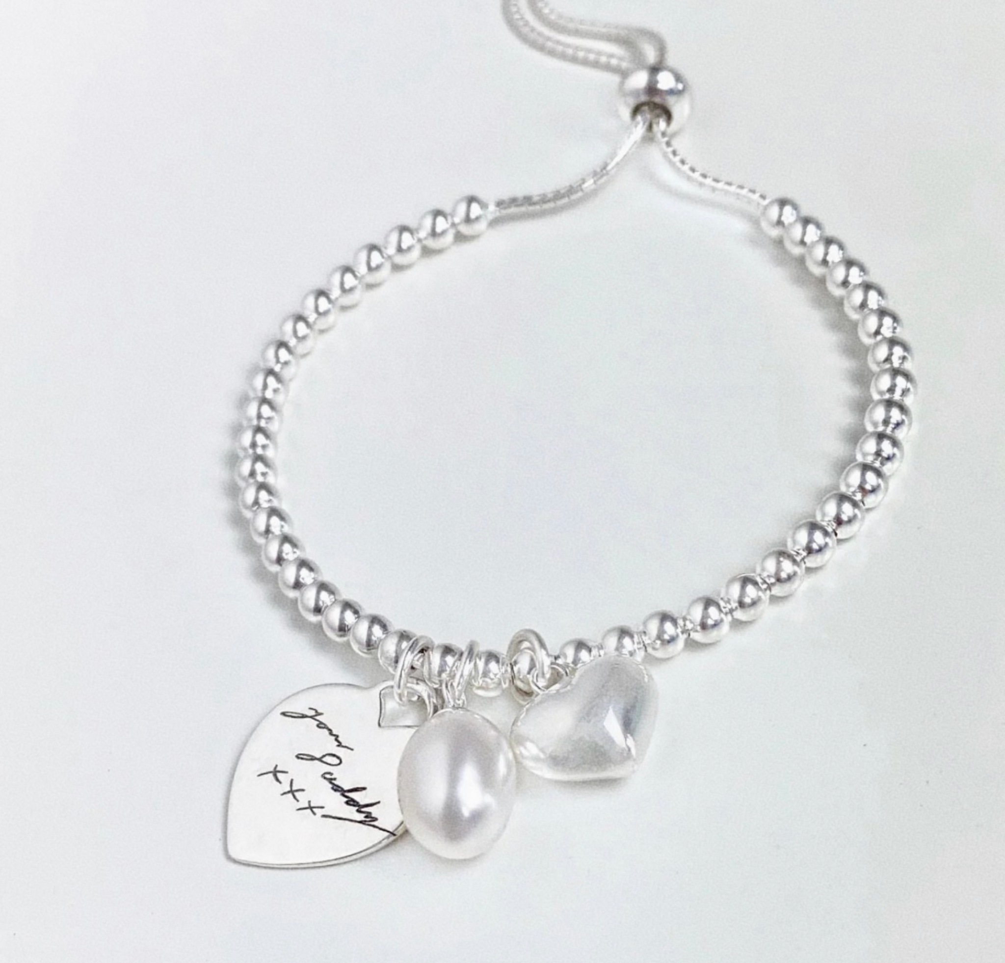 Sterling silver Heart Charm Bracelet with Pearl - Engravable