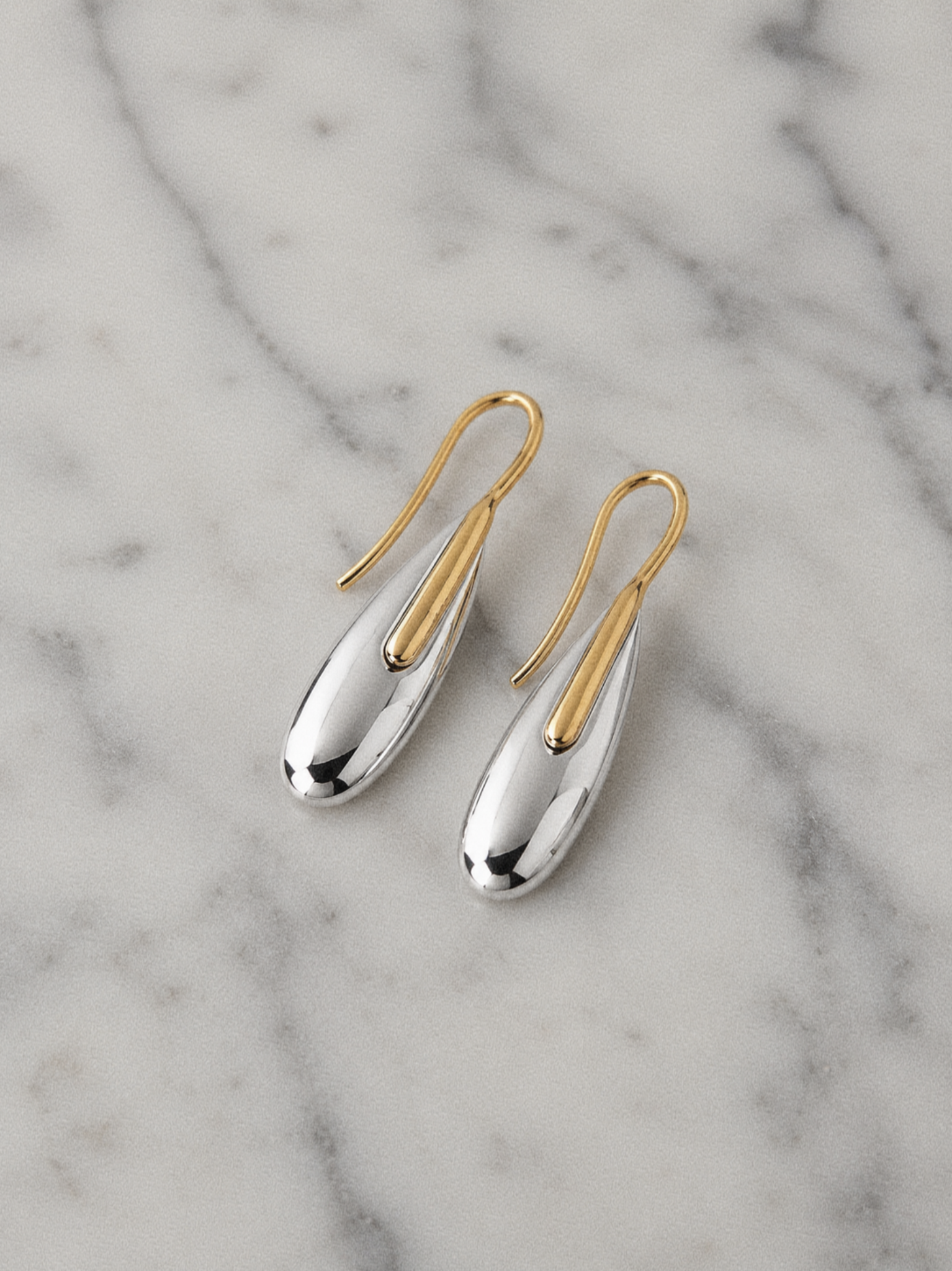 Elongated Pebble Drop Earrings in Sterling Silver with Yellow Gold Plating