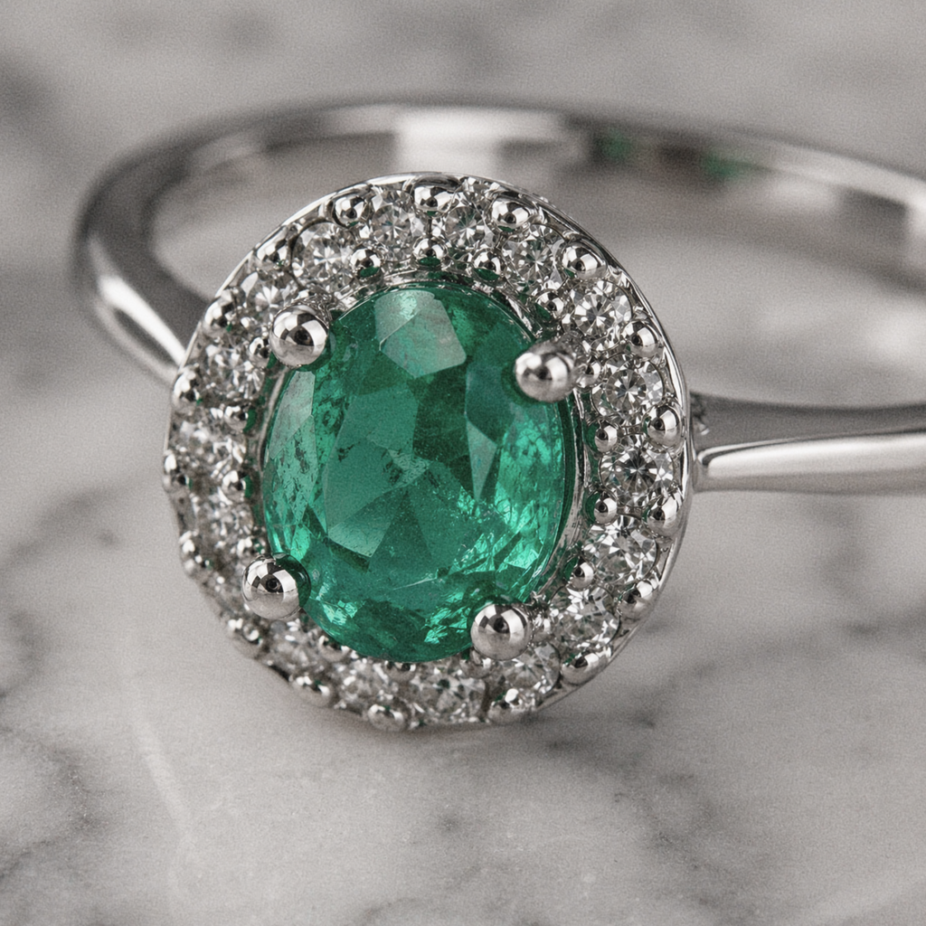9ct White Gold Emerald & Diamond Cluster Ring