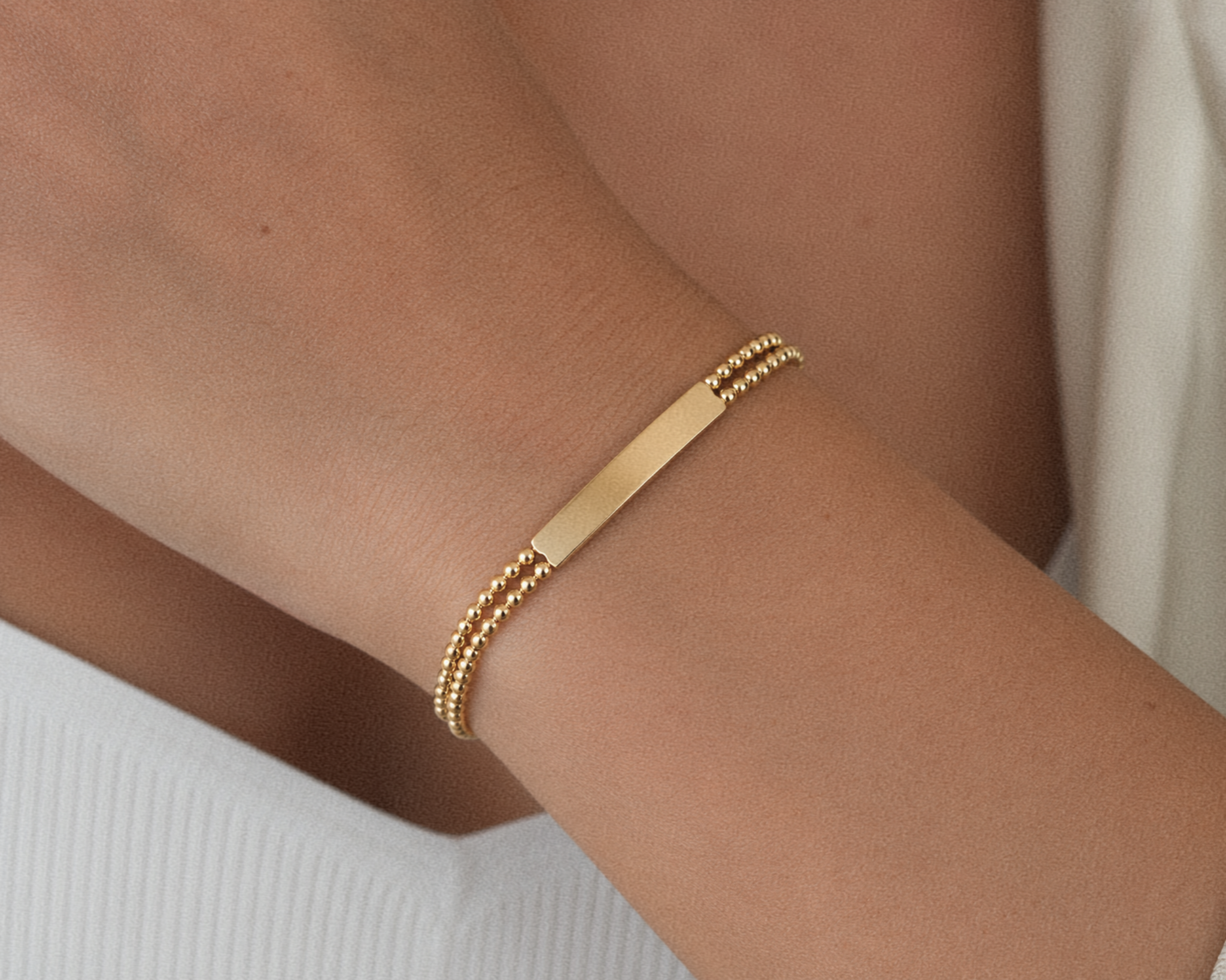 9ct Yellow Gold ID Bar Double Bead Chain Bracelet