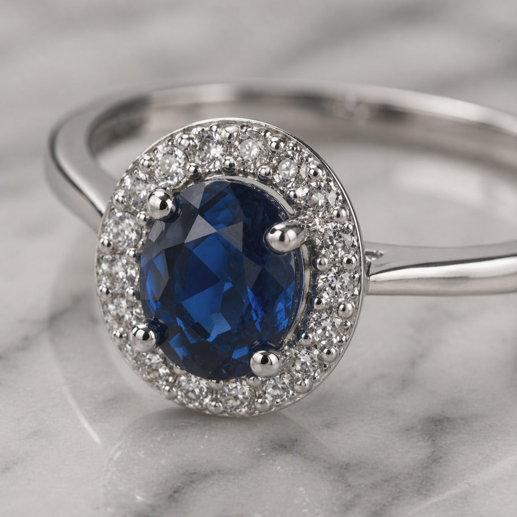 9ct White Gold Blue Sapphire & Diamond Cluster Ring