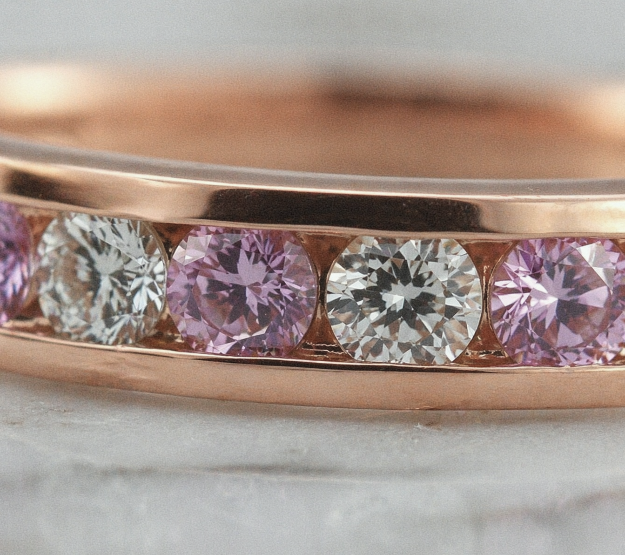 9ct Rose Gold Pink Sapphire & Diamond Channel Set Ring