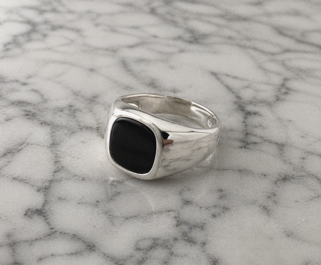 Sterling Silver Black Natural Onyx Signet Ring