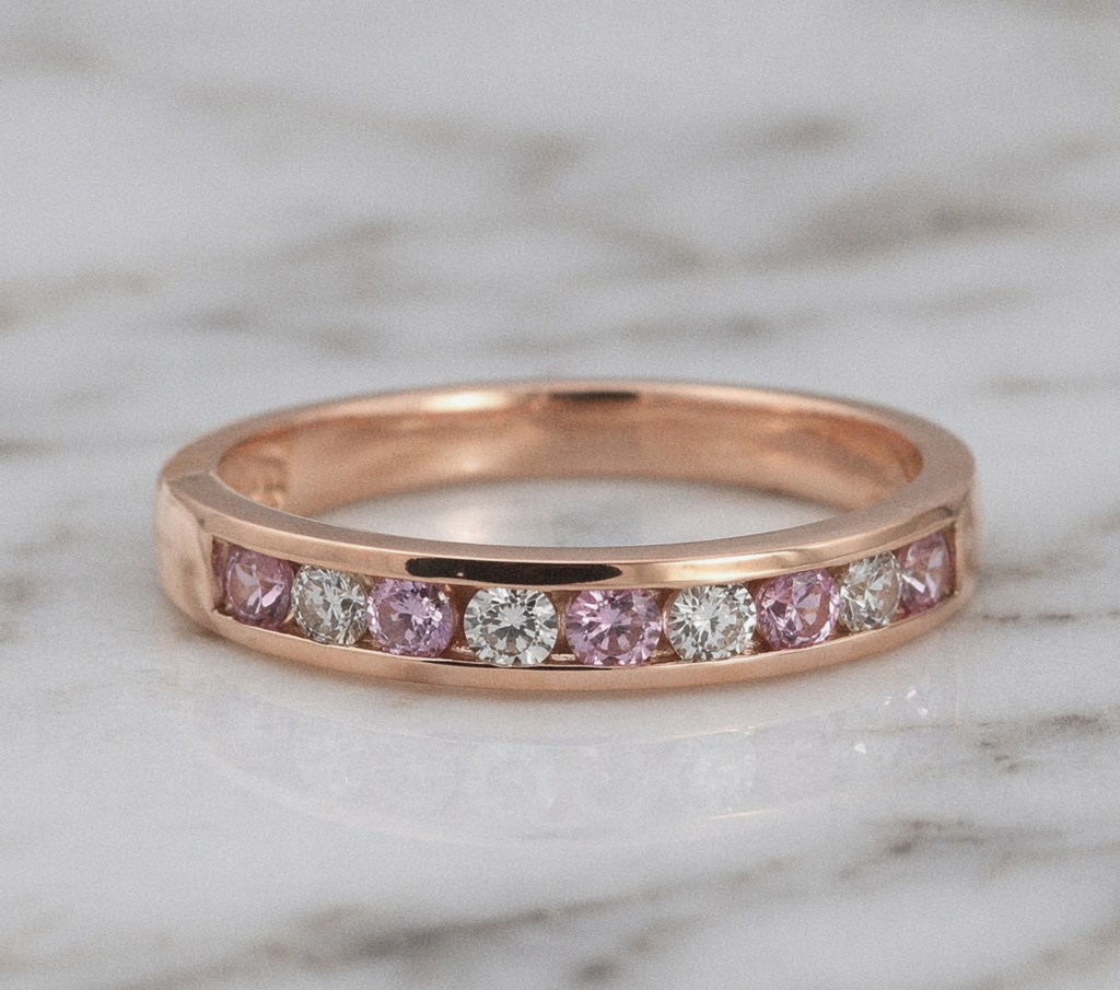 9ct Rose Gold Pink Sapphire & Diamond Channel Set Ring