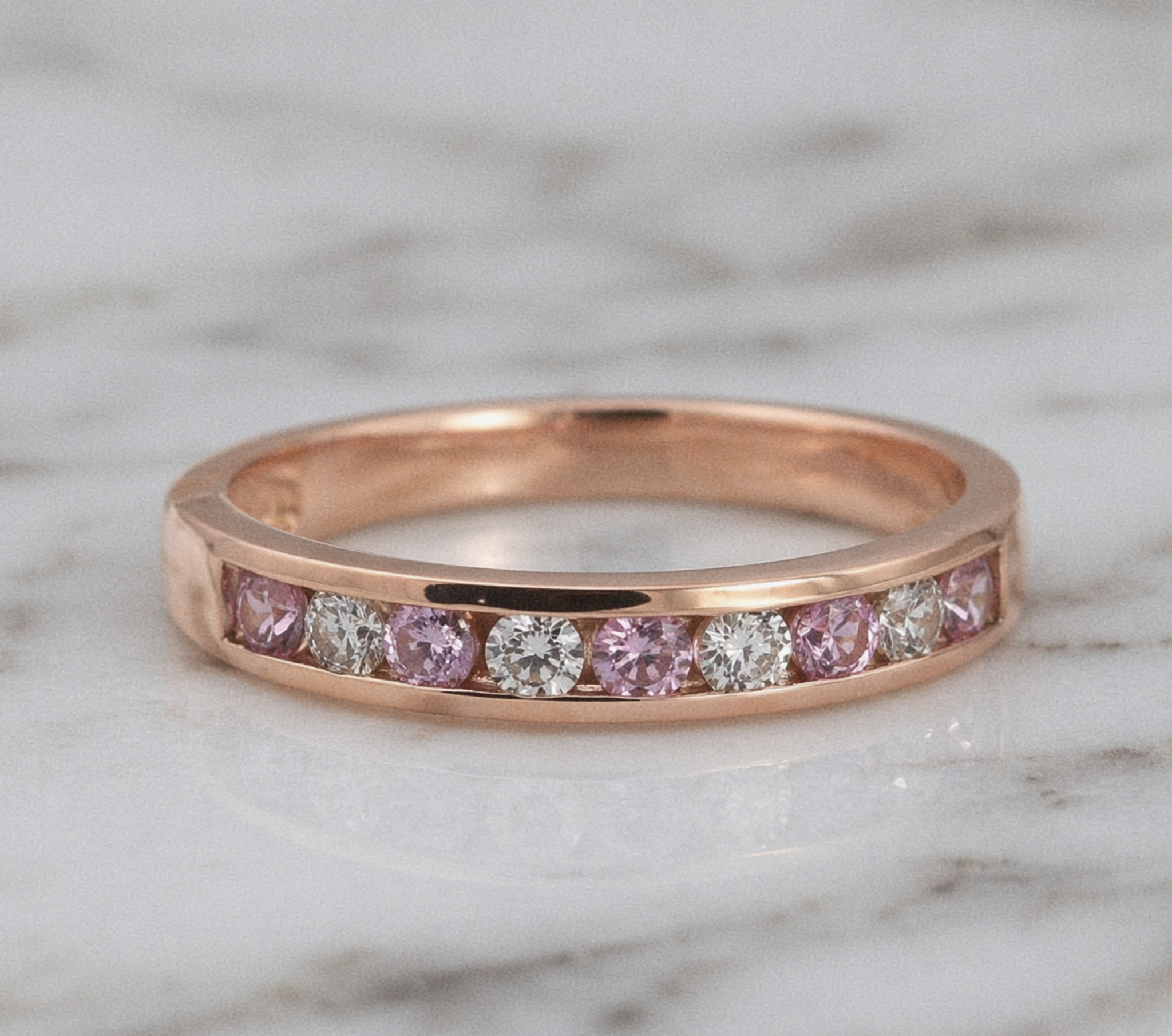 9ct Rose Gold Pink Sapphire & Diamond Channel Set Ring