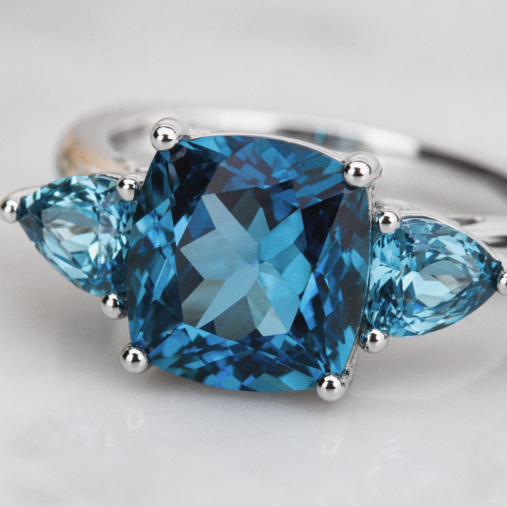 9ct White Gold London Blue Topaz Trillogy Ring