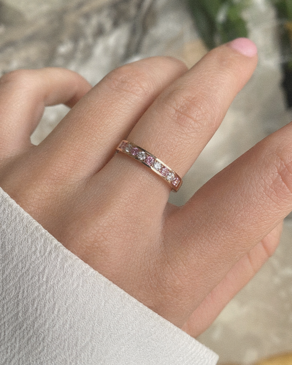 9ct Rose Gold Pink Sapphire & Diamond Channel Set Ring