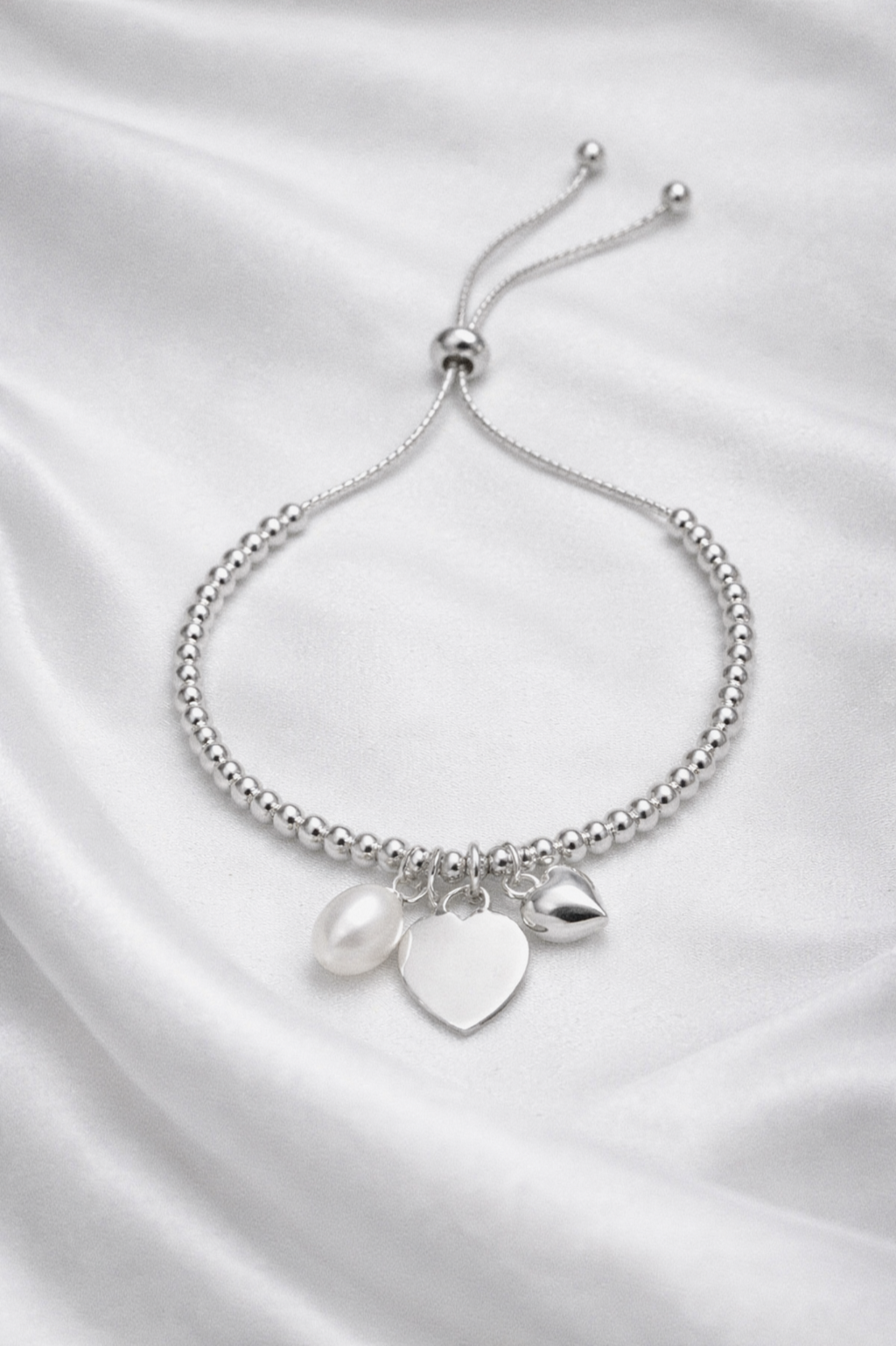 Sterling silver Heart Charm Bracelet with Pearl - Engravable
