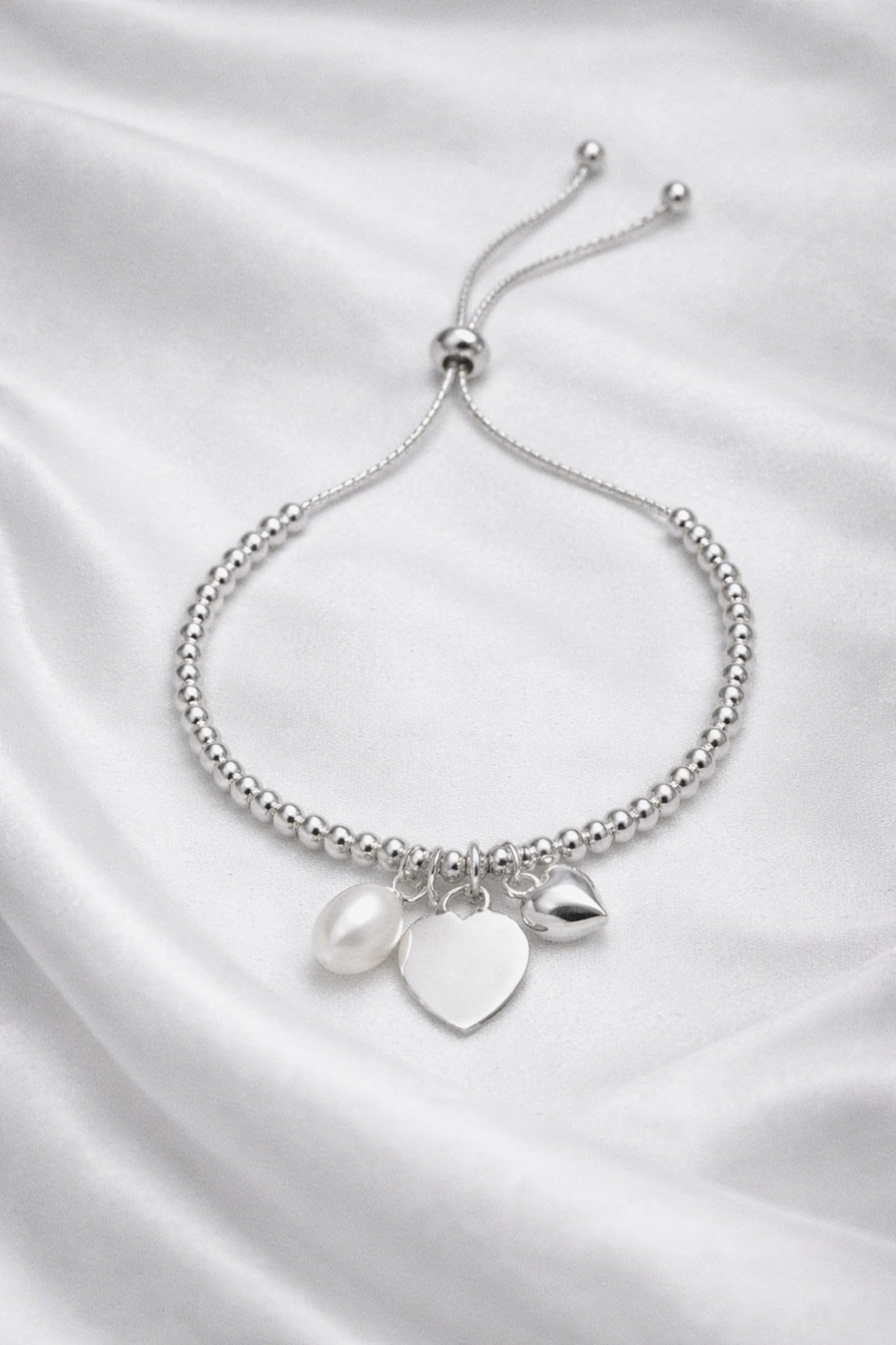 Sterling silver Heart Charm Bracelet with Pearl - Engravable