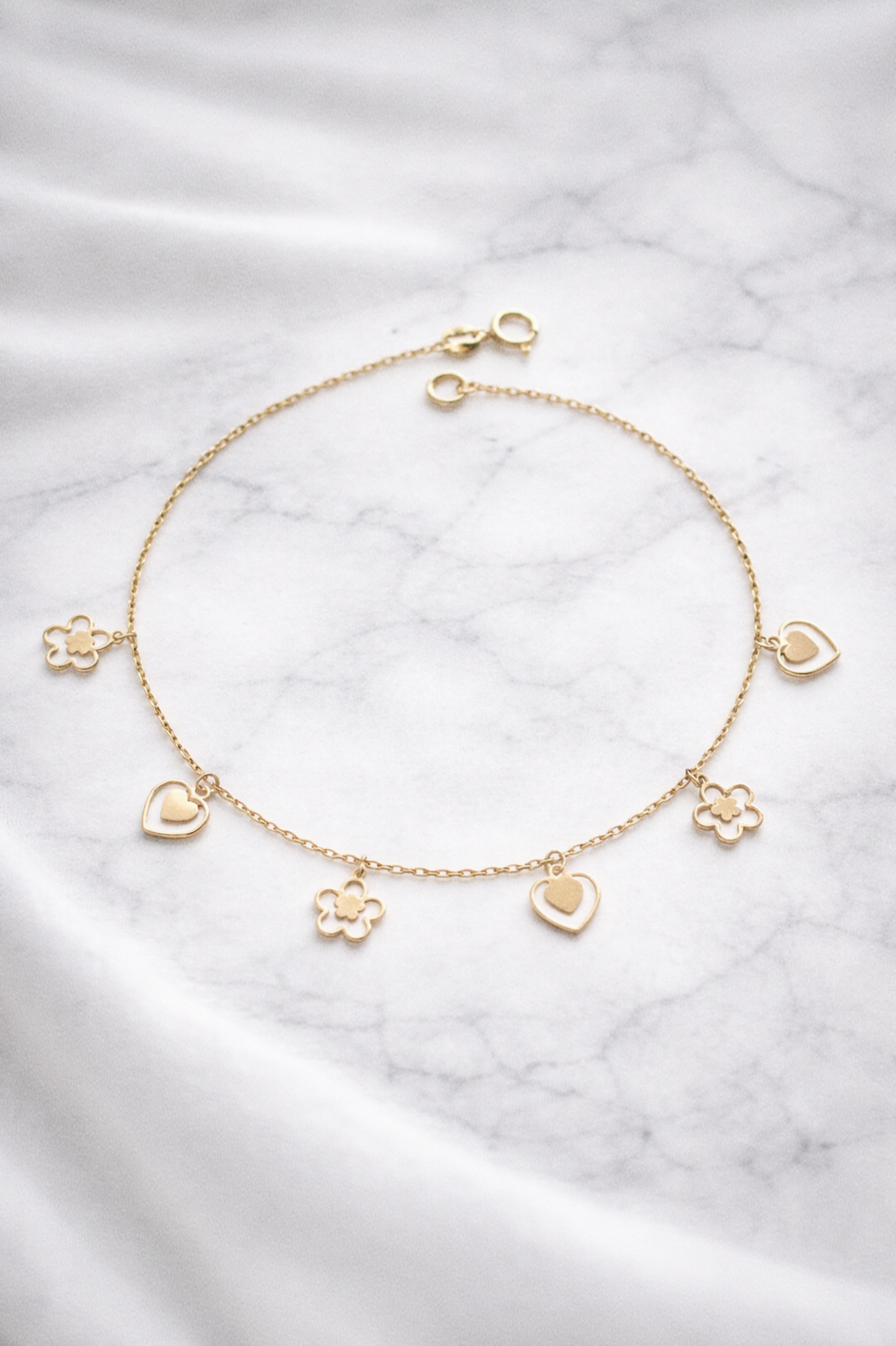 9ct Gold Heart & Flower Charm Bracelet - Delicate Charm Bracelet in Yellow Gold.
