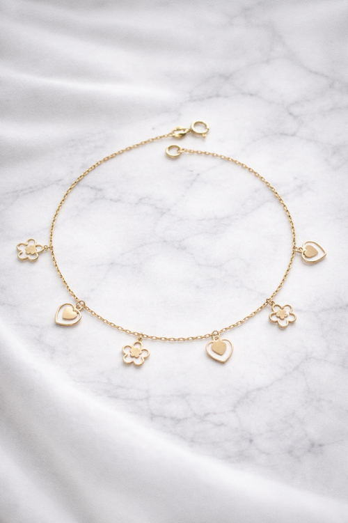 9ct Gold Heart & Flower Charm Bracelet - Delicate Charm Bracelet in Yellow Gold.