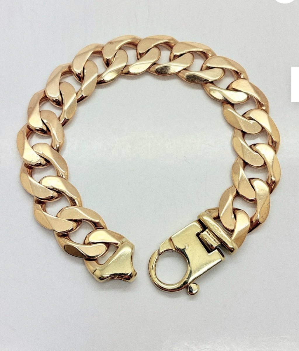 9ct Yellow Gold Heavy Flat Curb Bracelet (94g) 17mm Statement Piece