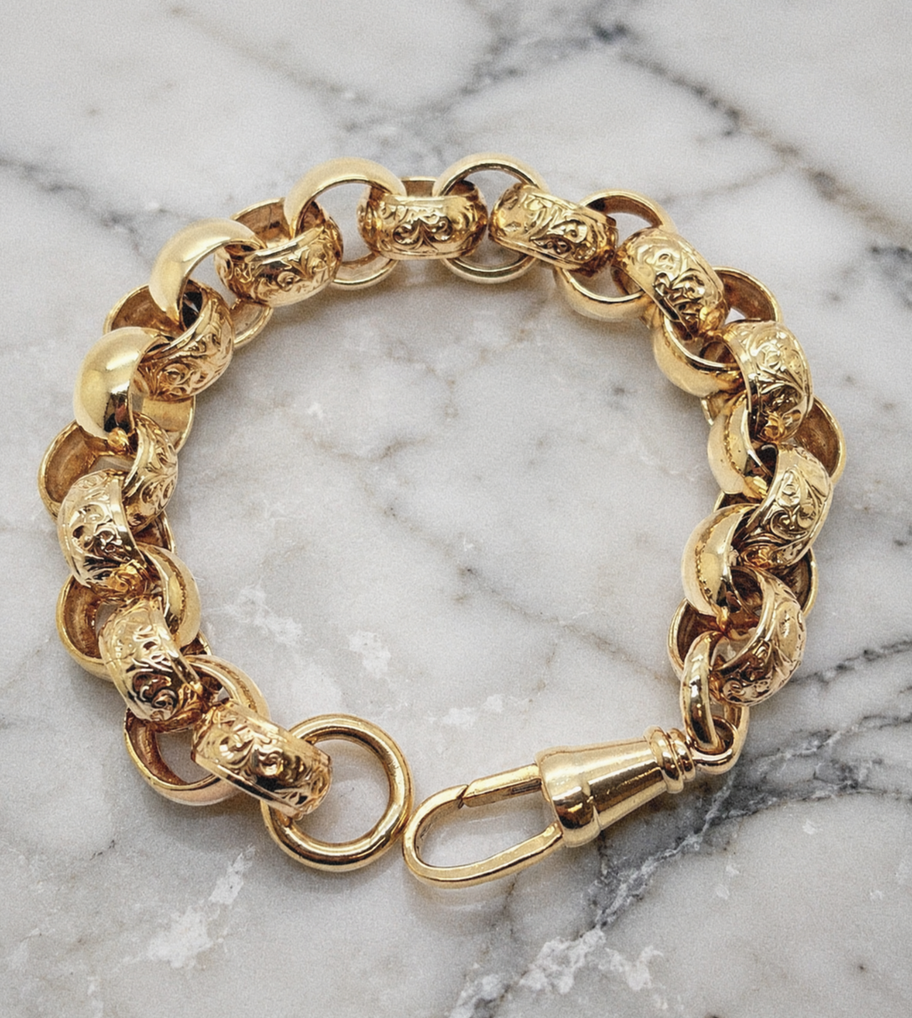 9ct Yellow Gold Engraved & Plain Belcher Bracelet