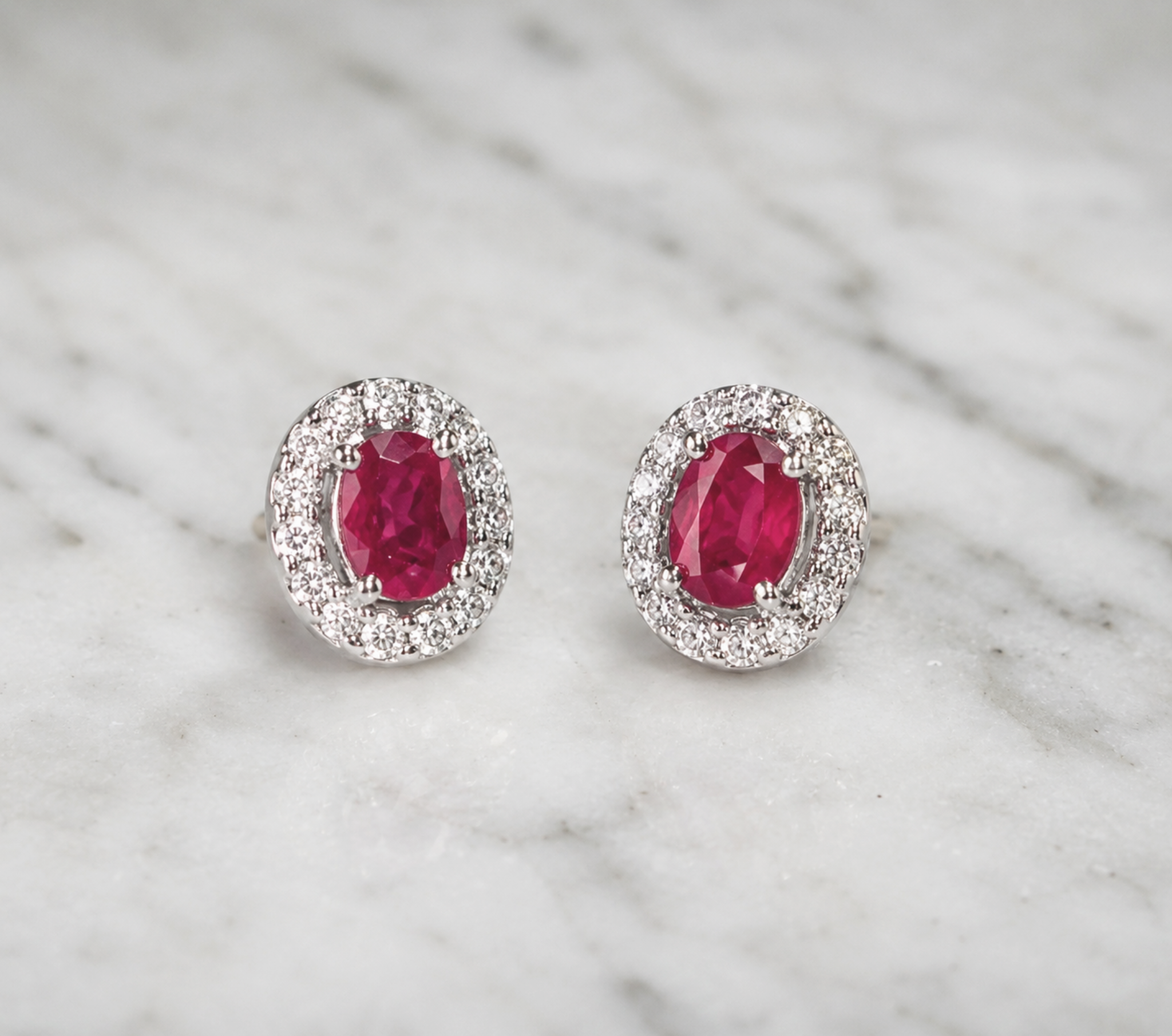 Ruby & Diamond Cluster Stud Earrings in 9ct White Gold