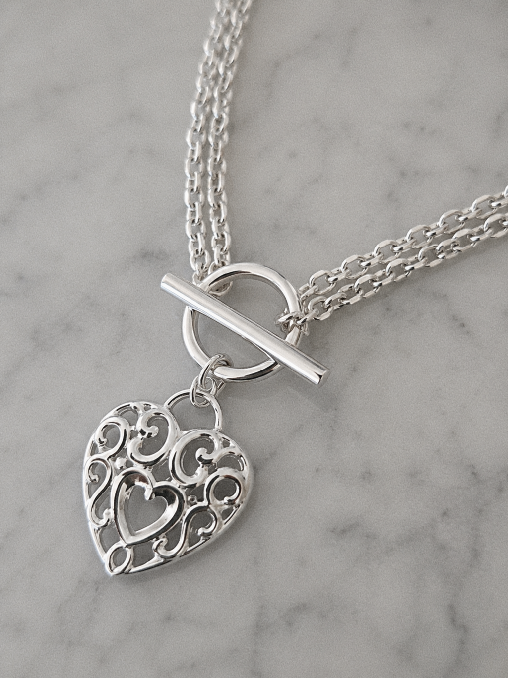 Large Filigree Heart Double Chain T-Bar Necklace in Sterling Silver