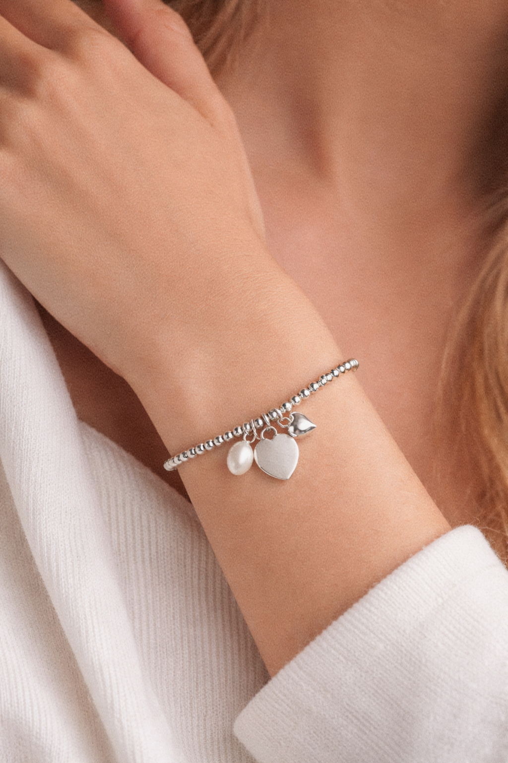 Sterling silver Heart Charm Bracelet with Pearl - Engravable