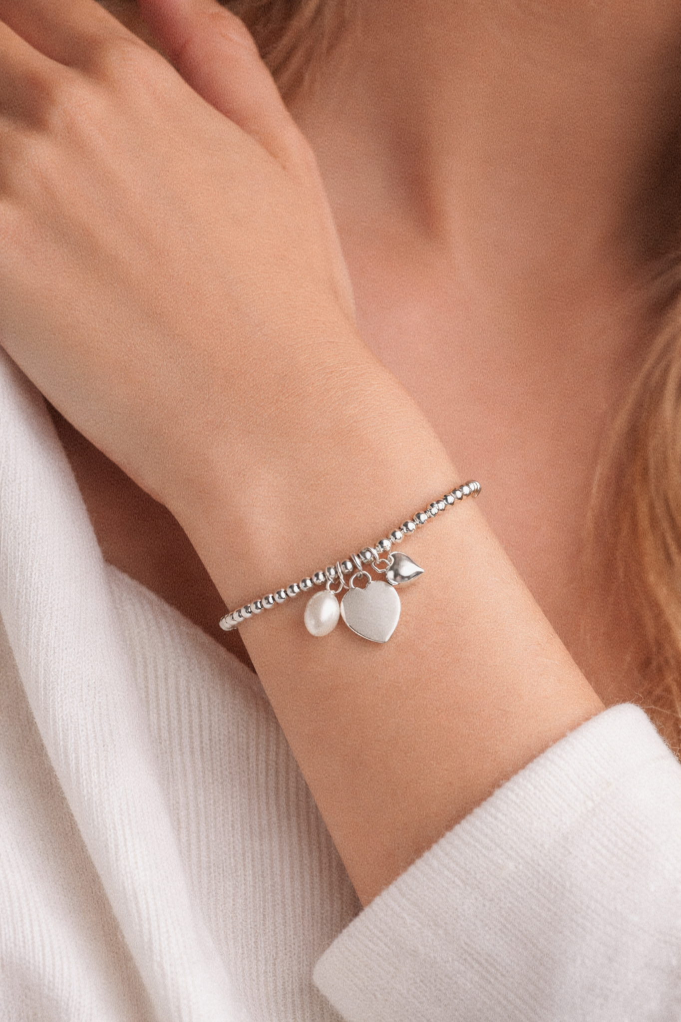 Sterling silver Heart Charm Bracelet with Pearl - Engravable