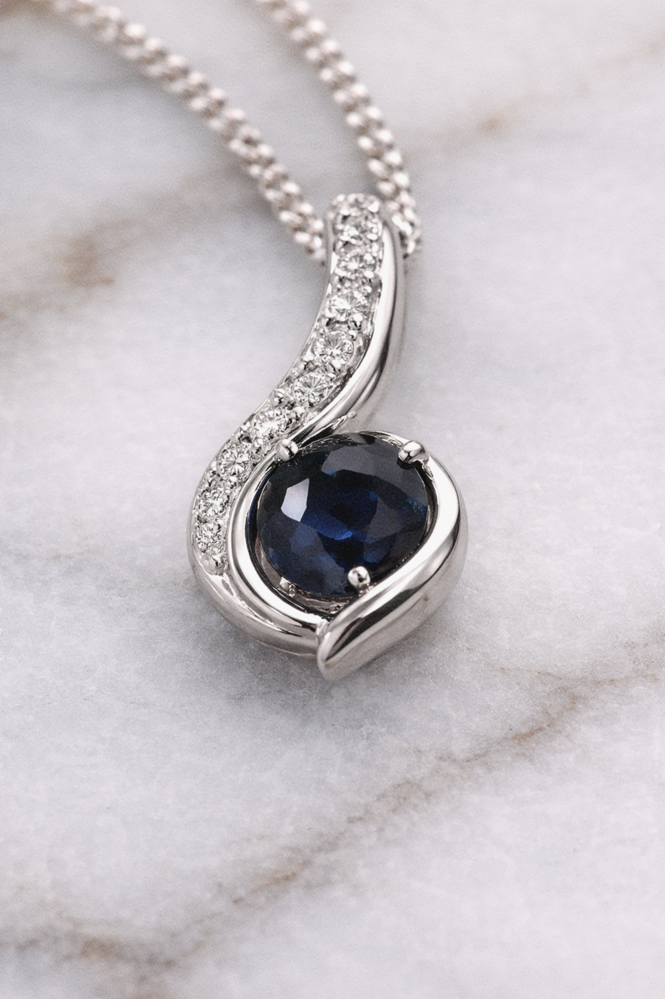 Blue Sapphire & Diamond Swirl Necklace set - 9ct White Gold