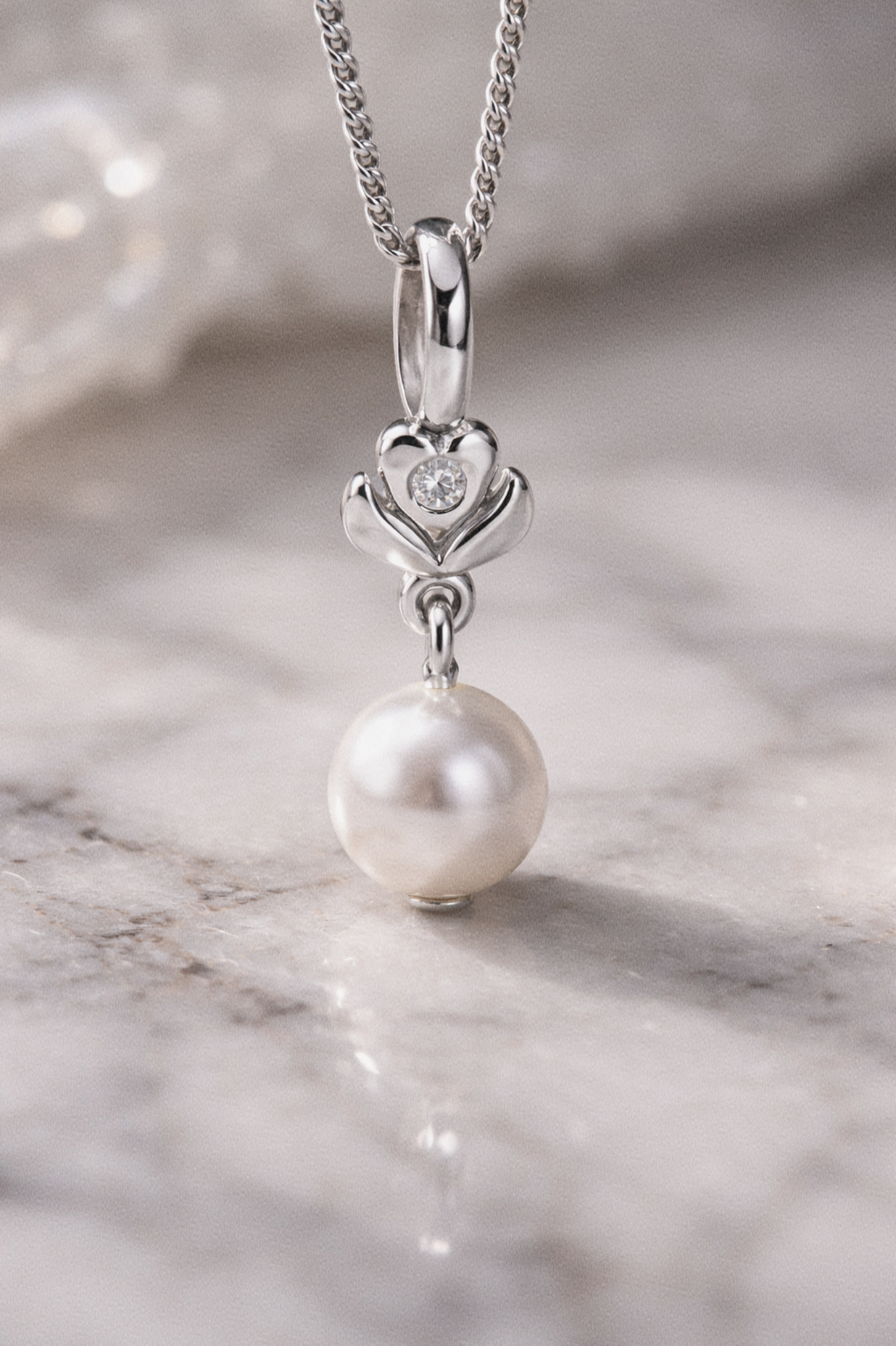 Sterling Silver Diamond & Freshwater Pearl Flower Pendant