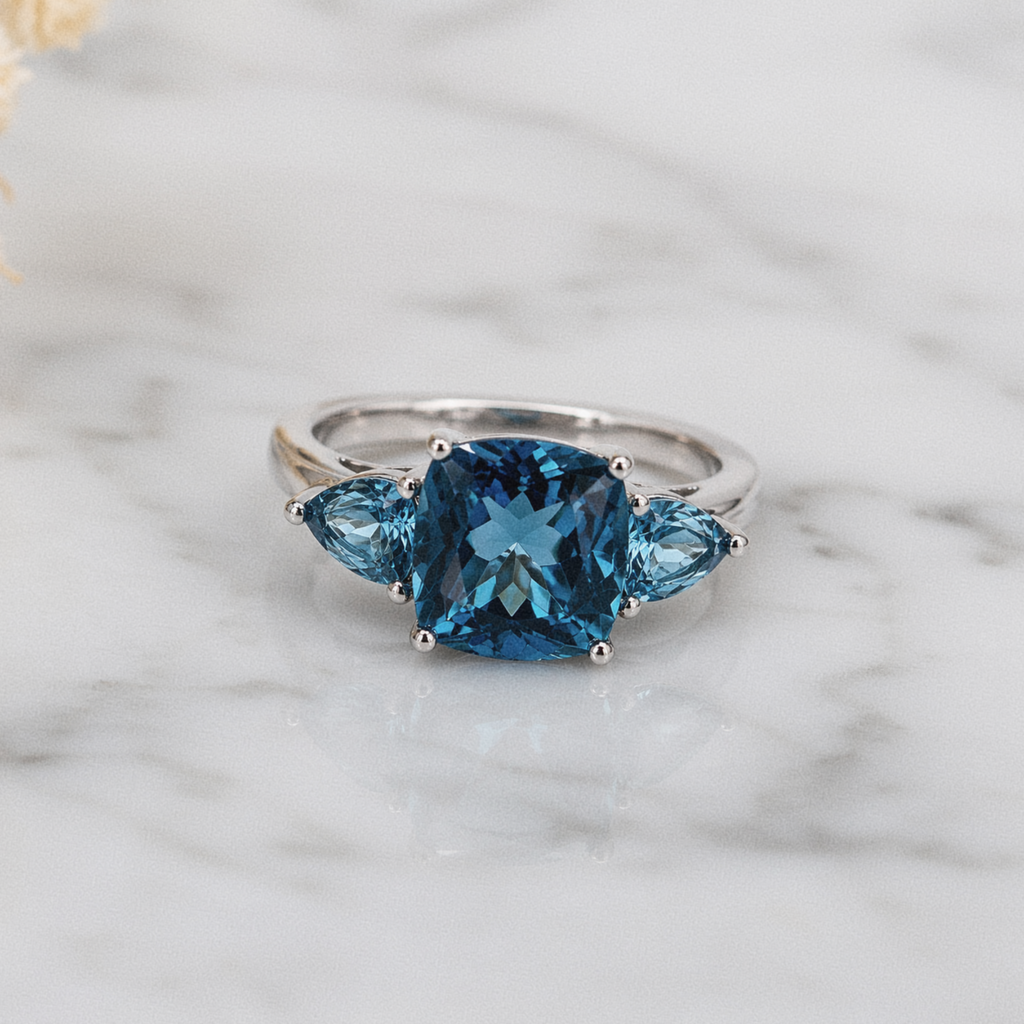 9ct White Gold London Blue Topaz Trillogy Ring