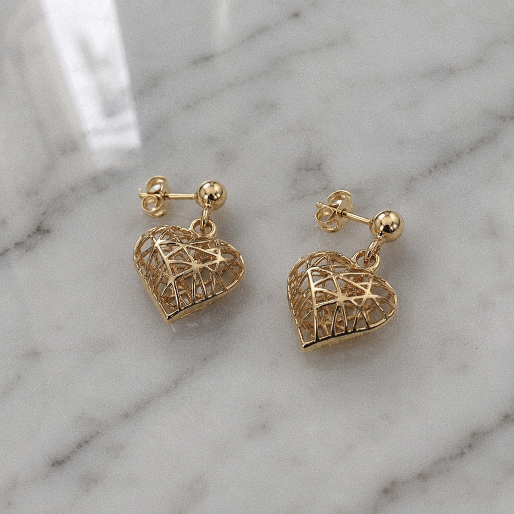 9ct Gold Caged Heart Drop Earrings