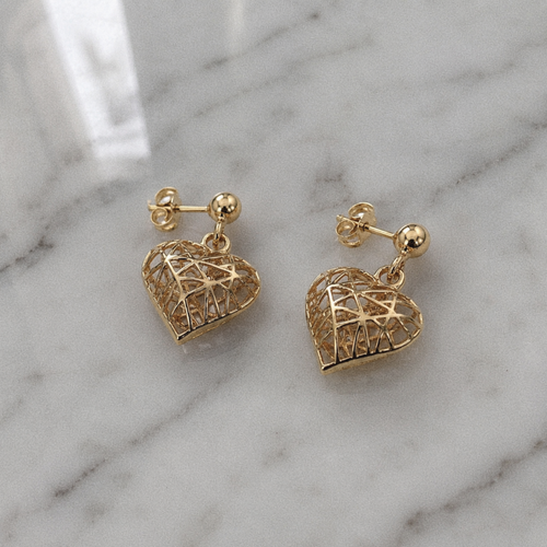 9ct Gold Caged Heart Drop Earrings