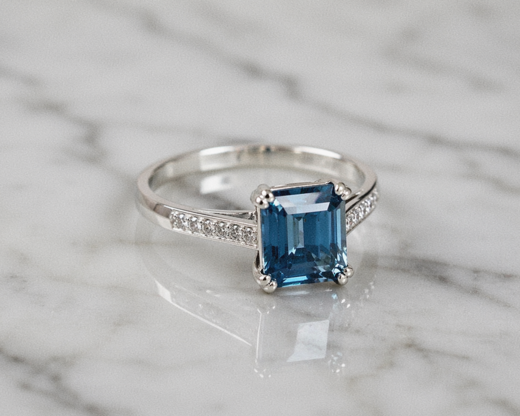 9ct White Gold London Blue Topaz & Diamond Octagon Cut Ring