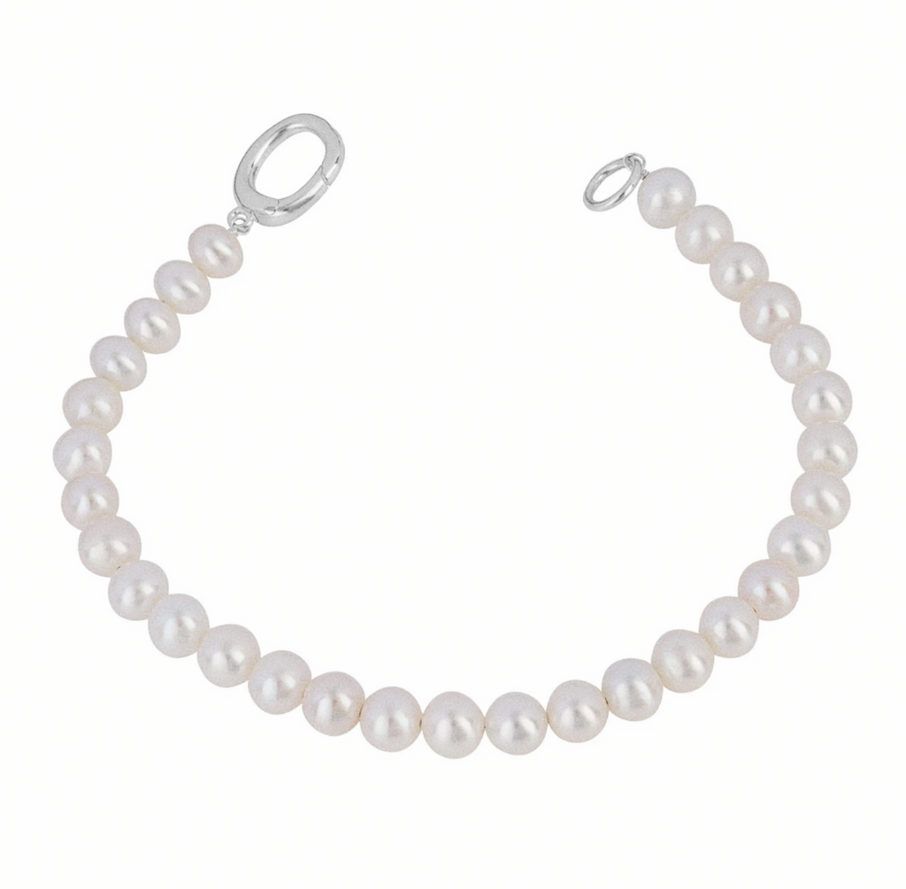 White Pearl Bracelet in Sterling Silver - Elegant Charm Link Design