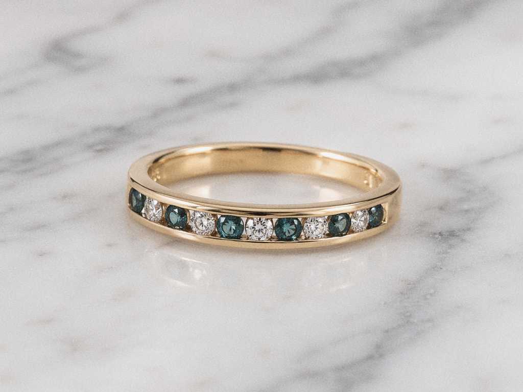 18ct Yellow Gold Teal Sapphire & Diamond Eternity Ring