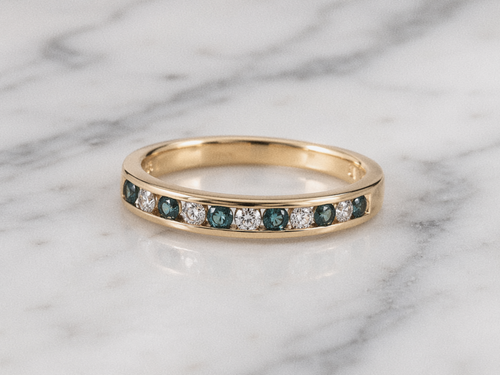 18ct Yellow Gold Teal Sapphire & Diamond Eternity Ring