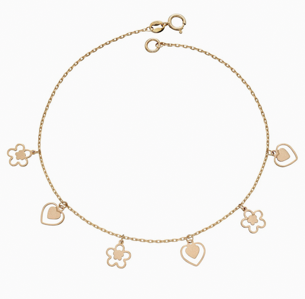 9ct Gold Heart & Flower Charm Bracelet - Delicate Charm Bracelet in Yellow Gold.