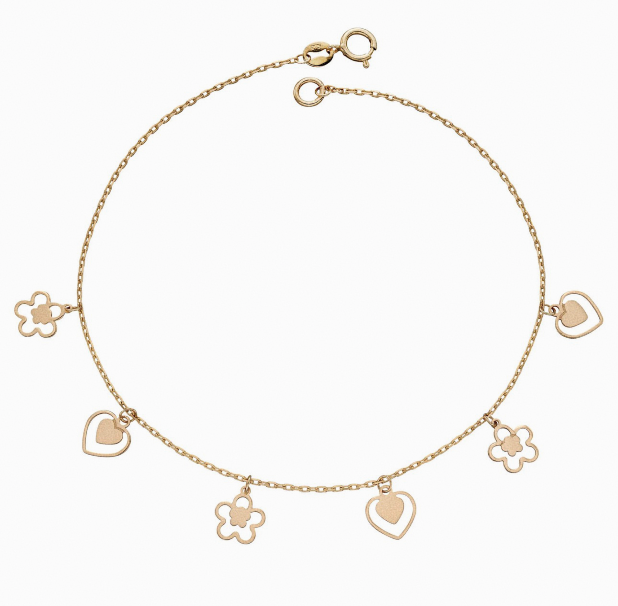 9ct Gold Heart & Flower Charm Bracelet - Delicate Charm Bracelet in Yellow Gold.