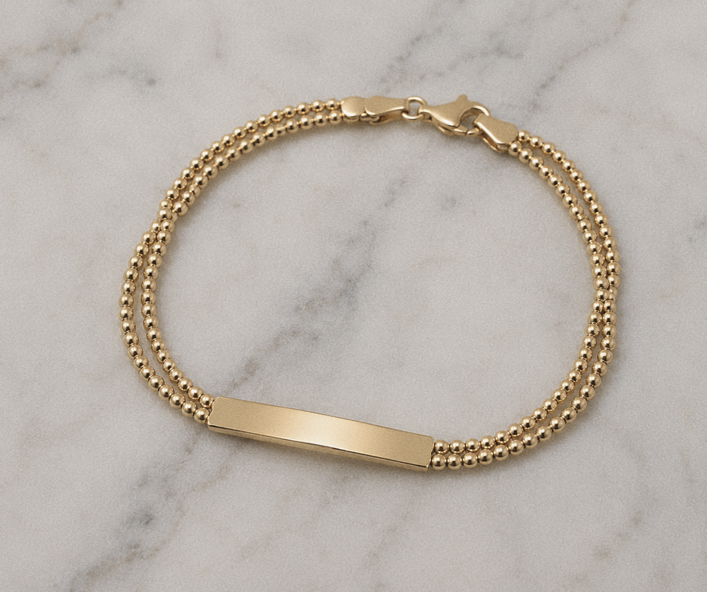9ct Yellow Gold ID Bar Double Bead Chain Bracelet