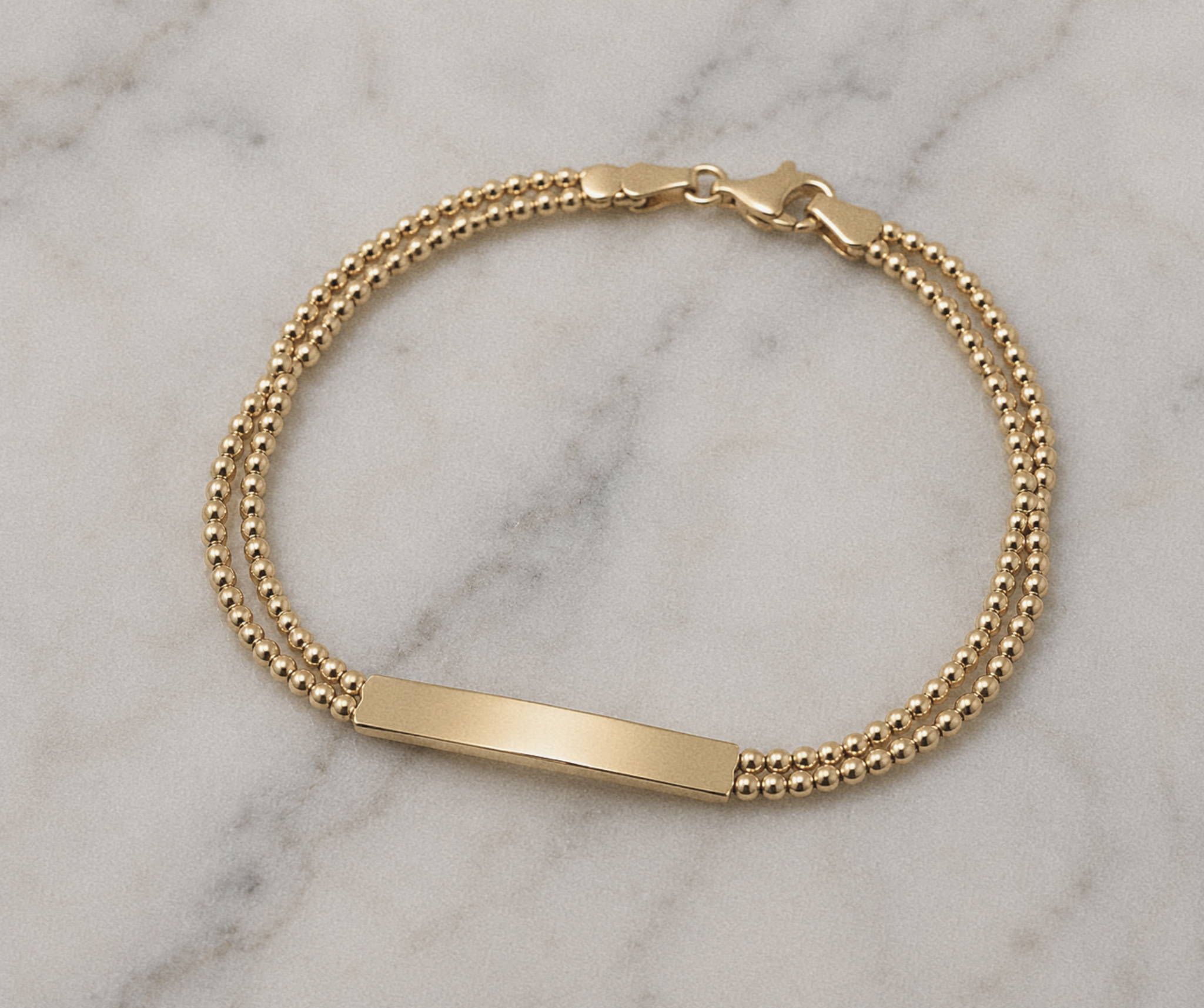 9ct Yellow Gold ID Bar Double Bead Chain Bracelet