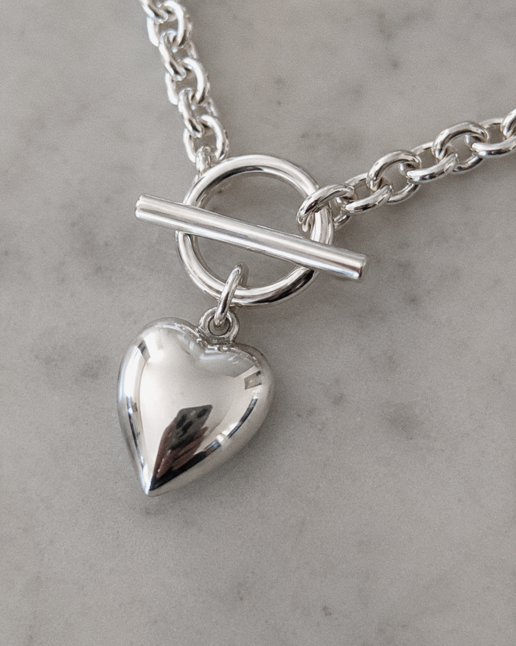 Sterling Silver Puff Heart T-Bar Chain Necklace
