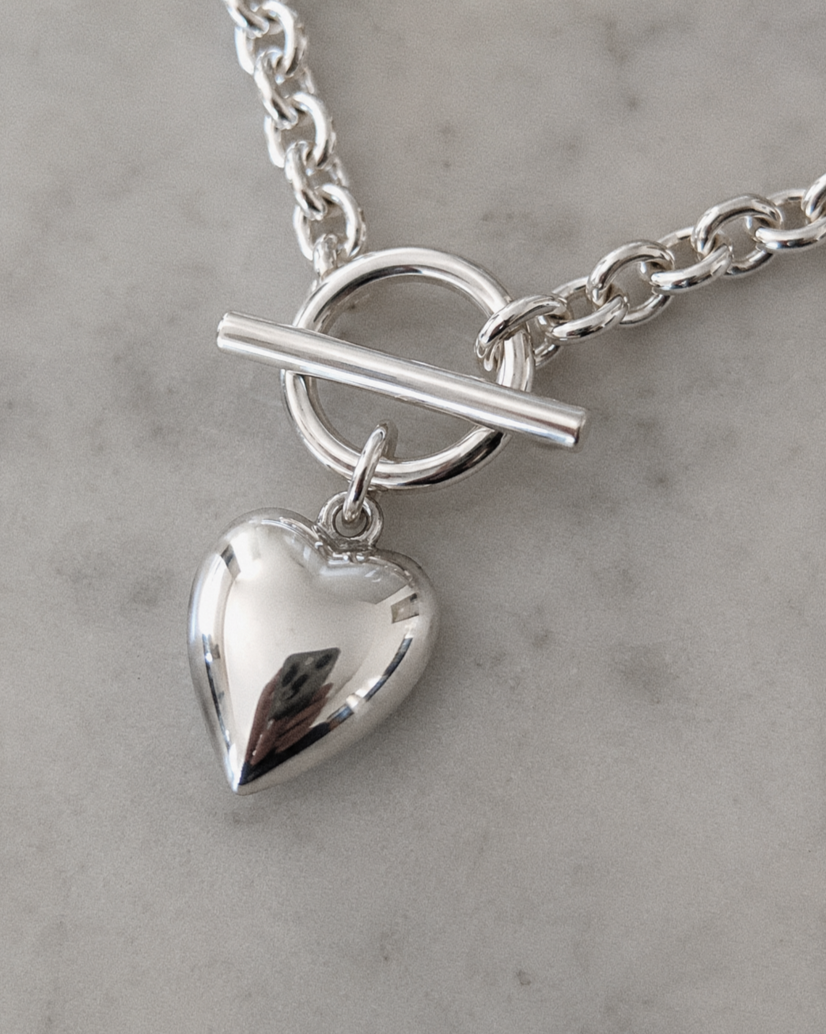 Sterling Silver Puff Heart T-Bar Chain Necklace