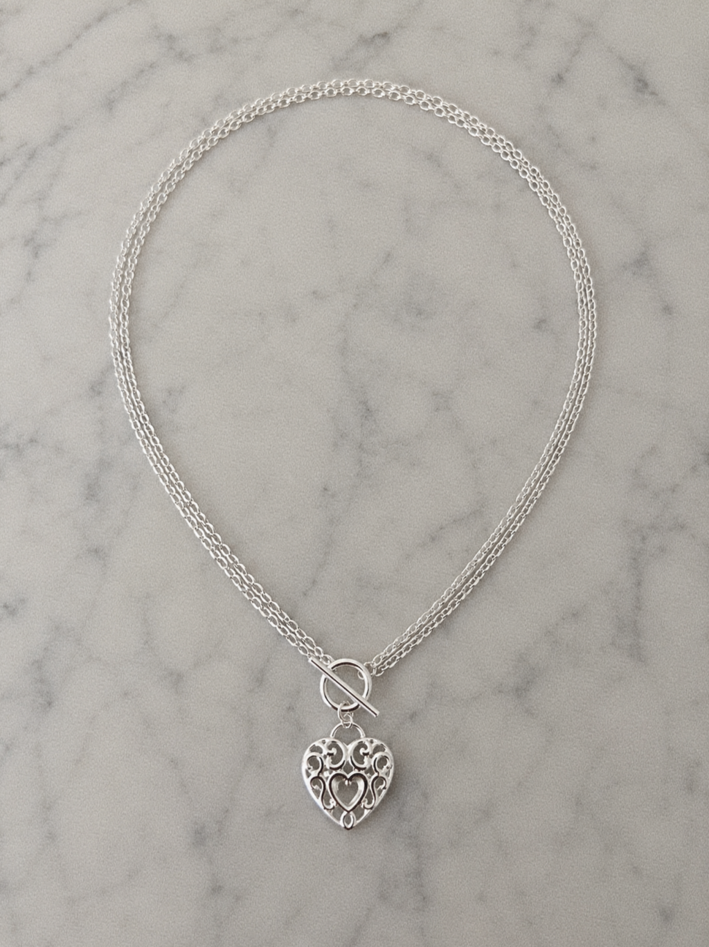 Large Filigree Heart Double Chain T-Bar Necklace in Sterling Silver
