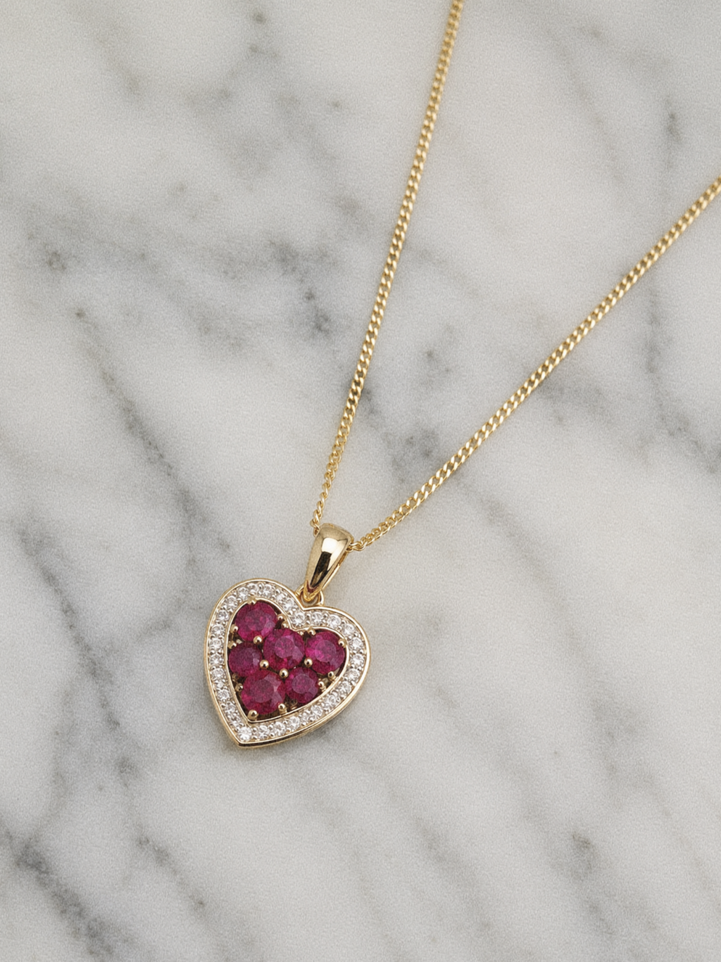 9ct Yellow Gold Ruby & Diamond Heart Pendant Necklace