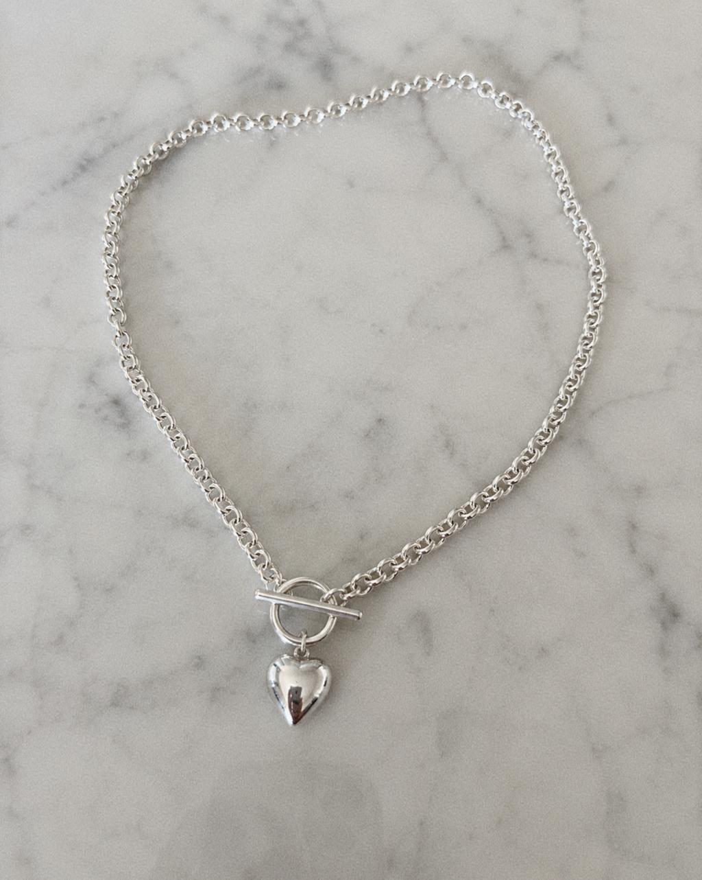 Sterling Silver Puff Heart T-Bar Chain Necklace