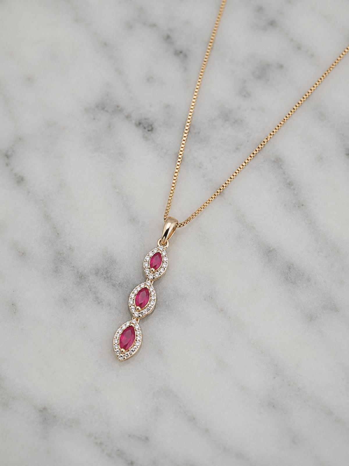 Marquise Triple Drop Ruby & Diamond Pendant Necklace in 9ct Yellow Gold