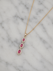 Marquise Triple Drop Ruby & Diamond Pendant Necklace in 9ct Yellow Gold