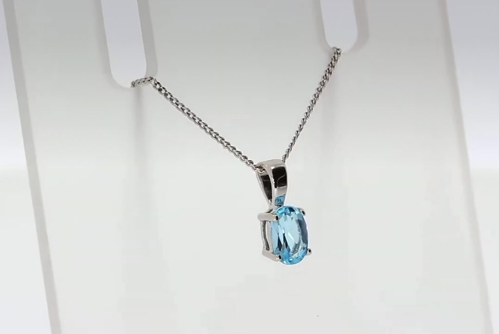 9ct White Gold Swiss Blue Topaz Oval Pendant Necklace