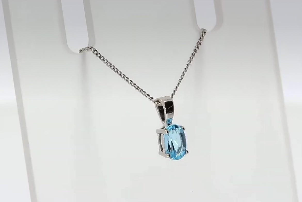 9ct White Gold Swiss Blue Topaz Oval Pendant Necklace